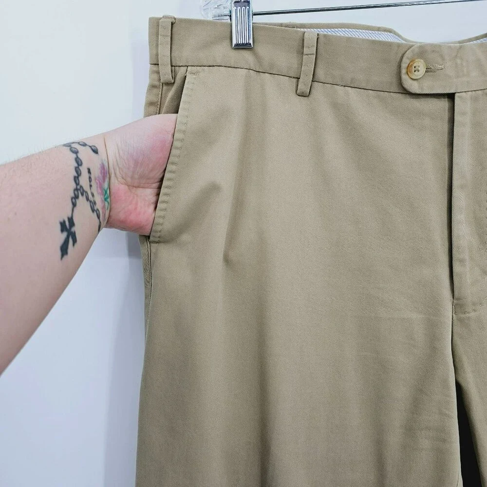 Peter Millar Khaki Pants 40 Raleigh Washed Twill Flat Front Pima Cotton Cuffed